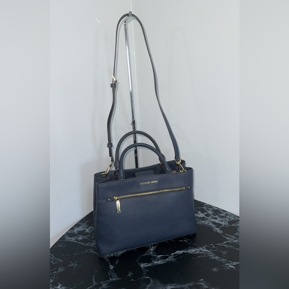 MICHAEL KORS Handbag Crossgrain Leather Navy Large Crossbody Satchel AUTHENTIC - Picture 4 of 12